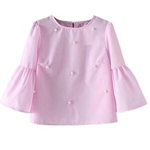 NWT! Zara Light Pink Bell Sleeve Pearl Embellished Flowy Coquette Top XS